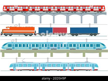 Set of modern passenger trains, subway transport, high speed trains and subway train, tram, cargo train - vector illustration Stock Vector