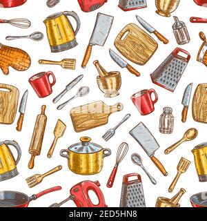 Kitchenware pattern. Vector seamless background of dishware and cooking utensils. Sketch electric up, salt and pepper, spatula and knife, kettle, grat Stock Vector