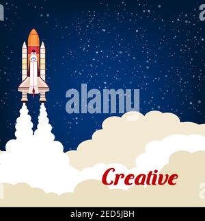 Rocket launching up into space. Creative concept of business project successful start metaphor. Flat design of starry cosmos sky for cosmonautics astr Stock Vector