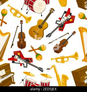 Musical instruments pattern of acoustic guitar and violin with bow, orchestra harp and piano, maracas, saxophone and cymbals on drums, jazz trumpet. V Stock Vector