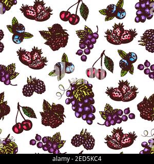 Berries pattern. Fruits sketch of fresh strawberry and raspberry, blueberry, blackberry, cherry and blackcurrant and grape bunch. Vector seamless back Stock Vector