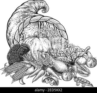 Cornucopia Horn Produce Vegetables Vintage Woodcut Stock Vector