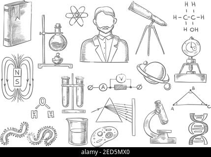 Vector sketch isolated icons. Science and research items of telescope, scientist book, atom and DNA helix , magnet, chemical test flask, globe planet Stock Vector