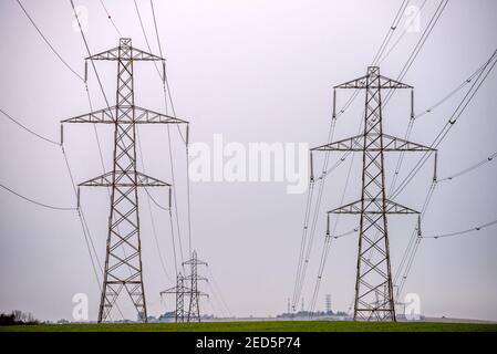 Brighton, February 14th 2021: Electrical pylons in Mile Oak in East Sussex Credit: Andrew Hasson/Alamy Live News Stock Photo