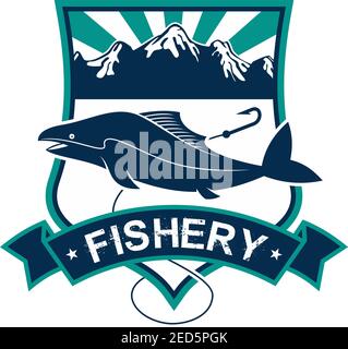 Fishery emblem. Vector badge or sign for fish and seafood industry. Isolated badge with fishing rod, fish on hook, sea water. Fishing sport adventure Stock Vector