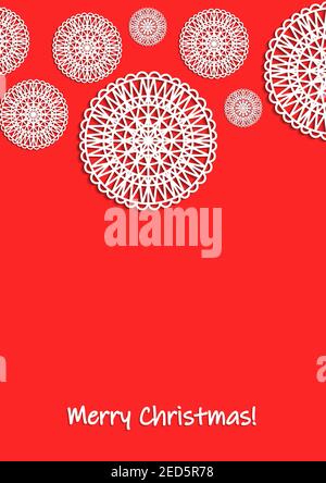 Merry Christmas, holiday, celebration greeting and invitation card, banner, frame, header, postcard. Layout template. White snowflakes on red Stock Vector
