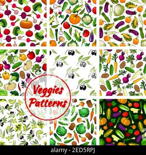 Veggies patterns. Fresh vegetables of cauliflower, garlic, potato, corn, olive, cabbage, pumpkin, tomato, pepper, broccoli and eggplant, carrot with s Stock Vector