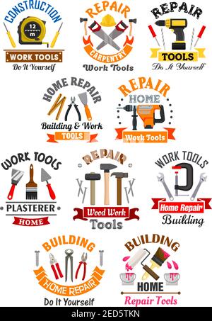 Repair, construction, building, carpentry emblems with work tools icons. measure tape and screwdriver, safety helmet and ax, electric drill and pliers Stock Vector