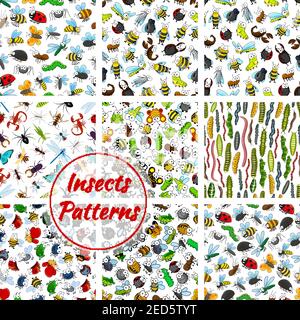 Insects and bugs patterns set. Cartoon smiling bee, worm and beetle, bumblebee hornet, butterfly and fly, chafer, grasshopper or cricket, wasp with ca Stock Vector