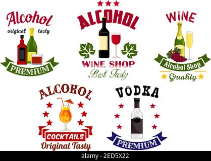Alcohol beverages and drinks signs or emblems set of whiskey and cognac brandy bottle, red and white wine glass with grape vine, champagne with vodka Stock Vector