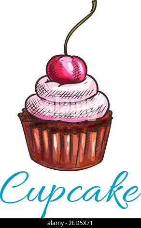Chocolate tart cupcake icon. Vector dessert cake emblem with creamy pink topping and cherry. Color sketch label template for cafe menu card, cafeteria Stock Vector