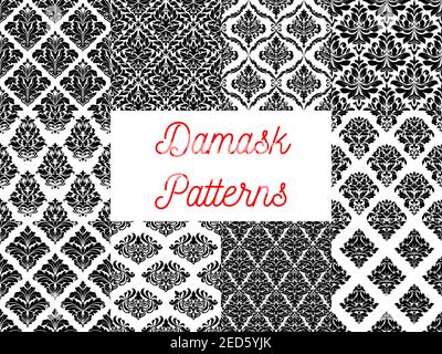 Damask patterns set. Vector floral embellishment and tracery motif. Luxury flowery backdrops and ornate ornament tiles. Vector seamless flourish baroq Stock Vector