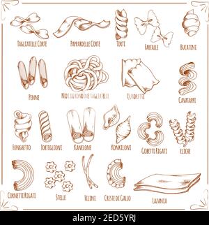 Pasta isolated sketch icons Macaroni assortment types of traditional Italian cuisine. Vector spaghetti and tagliatelle, penne, lasagna and macaroni, f Stock Vector