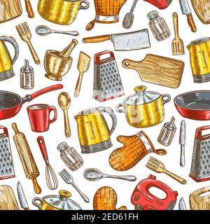 Kitchenware sketch pattern of dishware and cooking utensils electric kettle, spatula and knife, grater with cooking glove, cutting board, fork, mixer, Stock Vector