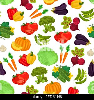 Vegetables pattern of fresh ripe farm vegetable flat icons of pumpkin, cucumber, beet, tomatoes, carrot, peas, pepper, cabbage, eggplant, garlic, broc Stock Vector