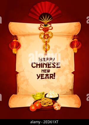Happy Chinese New Year wishes on old paper scroll with hanging red lantern and fan with chinese knot ornament and mandarin orange with gold ingot and Stock Vector