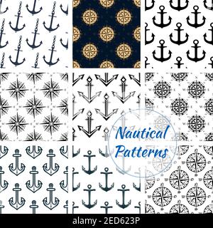 Nautical patterns set of blue anchor, ship helm, navigation compass and wind rose symbol. Heraldic maritime items tile design of marine and sailor ves Stock Vector