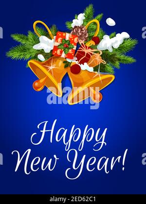Jingle bell with gift box greeting card. Golden jingle bell on snowy pine branch with presents, holly berry, ribbon bow and mistletoe. Happy New Year Stock Vector