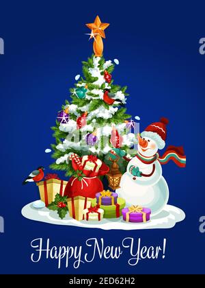 Happy New Year vector poster, greeting card with snowman in knitted scarf, decorated christmas tree with balls, winter snow, santa sack with gifts Stock Vector