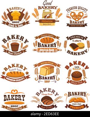 Bakery emblems set. Signs or badges of wheat and rye bread bricks and loafs, french baguette and bagels, flour sack with rolling pin and dough, sweet Stock Vector