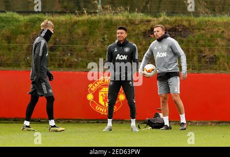 Soccer Football - Europa League - Manchester United Training - Aon Training Complex, Manchester, Britain - February 26, 2020 Manchester United's Brandon Williams, Jesse Lingard and fitness coach Charlie Owen during training Action Images via ... Soccer Football - Europa League - Manchester United Training - Aon Training Complex, Manchester, Britain - February 26, 2020 Manchester United's Brandon Williams, Jesse Lingard and fitness coach Charlie Owen during training Action Images via ...