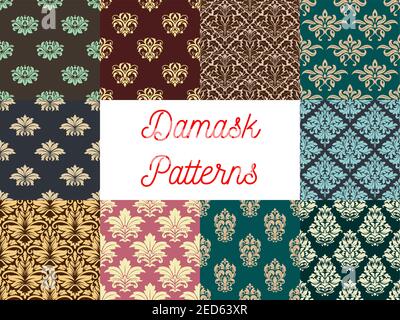 Damask patterns. Luxury flowery backdrops and ornate ornament tiles. Flourish baroque background with rococo design. Vector set of seamless floral emb Stock Vector