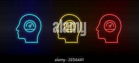 Neon icon set Human mind, performance, productivity. Set of red, blue, yellow neon vector icon Stock Vector