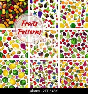 Fruit pattern set. Seamless vector background of juicy fresh tropical fruits, berries. Lemon citrus and strawberry, banana, pineapple, raspberry and a Stock Vector