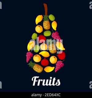 Pear symbol composed of fresh fruits. Sweet mango, pineapple, peach, grape, kiwi and pomegranate fruits arranged in a pear shaped silhouette for juice Stock Vector