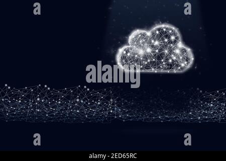 Low poly cloud symbol hologram and digital line on dark blue background. The concept of saving ideas on cloud storage Stock Photo