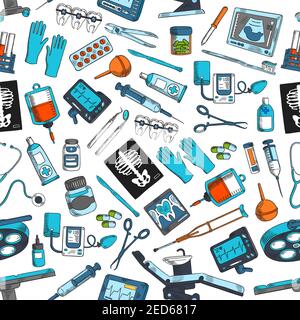 Therapy and surgery medicine seamless pattern of vector medical tools and medications pill drugs capsules, blood dropper, instruments of scalpel, scis Stock Vector