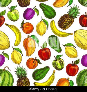 Fruit pattern. Vector seamless background of juicy citrus fruits banana, pineapple, apple and melon, lemon, watermelon, plum, mango, avocado Stock Vector