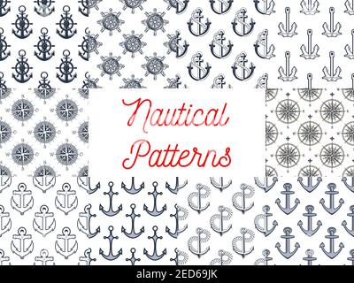 Nautical seamless patterns set of marine anchor, helm and steering wheel with rope, vintage navigation compass and wind rose Stock Vector