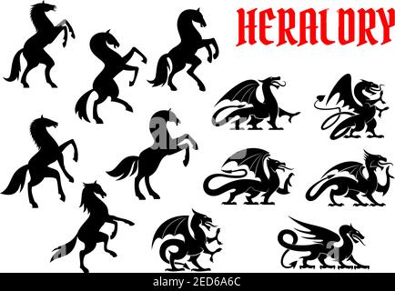 Heraldic mythical animals emblems. Vector silhouette icons of Horse Unicorn, Griffin Dragon heraldry for tattoo, shield insignia Stock Vector