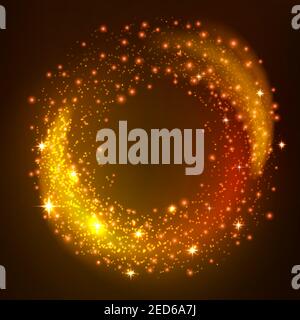 Sparkling gold glitter particles whirl. Golden star dust of twinkling stars. Shining galaxy space. Glow light swirl effect on black background Stock Vector