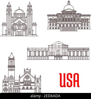 USA american architecture landmarks. St. James Cathedral, Massachusetts State House, National Gallery of Art, Old South Church. Vector thin line icons Stock Vector