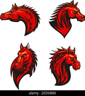 Angry horse mascot set with red flaming mustang or stallion with aggressive glare and tribal ornamental mane. Sporting team mascot, tattoo, equestrian Stock Vector