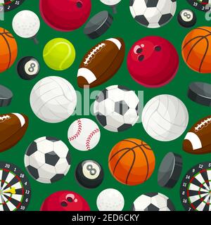 Sport balls and gaming equipment pattern. Vector pattern of color cartoon balls for rugby and soccer, baseball and basketball, tennis, hockey puck, bo Stock Vector