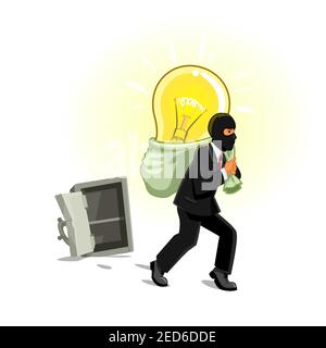 Idea theft. Man stealing lamp bulb from safe box. Business metaphor of human thief in black mask stealing idea, intellectual property, copyright in fo Stock Vector
