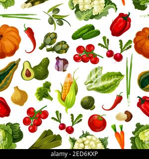 Vegetables pattern. Vector seamless pattern of vegetarian farm fresh ripe garden pumpkin, cucumber, artichokes and corn, cauliflower and pepper, leek, Stock Vector