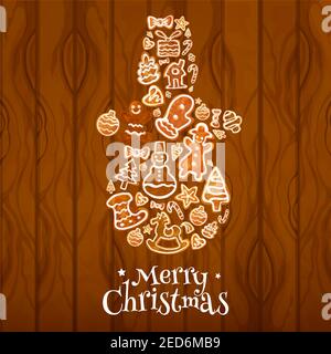 Merry Christmas greeting poster, card in shape of gingerbread baked snowman with christmas cookie ornaments santa, star, ball, bell, candy cane, heart Stock Vector
