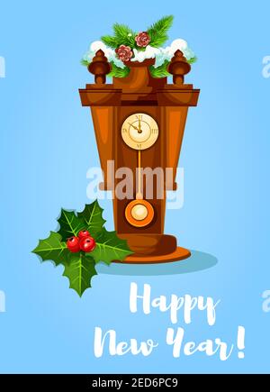 New Year vector greeting poster, card with retro wooden pendulum clock with chimes, holly bow ornament, pine, branches with fir cones under snow Stock Vector