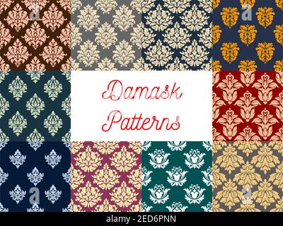 Floral damask seamless pattern background set. Ornate baroque flower ornament. Vintage victorian flourishes pattern for wallpaper, fabric, invitation Stock Vector