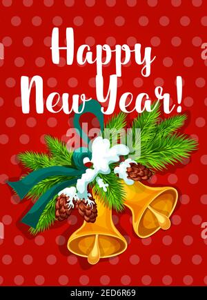 Happy New Year poster. Golden jingle bells ornament with fir branches, ribbon bow, pine cones snow. Vector greeting card on red background Stock Vector