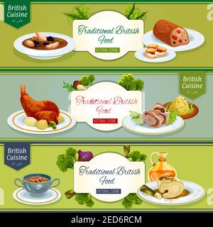 British cuisine national dishes banner set. Beef wellington baked in pastry, scottish chicken soup, baked rabbit, kidney soup, cod in mustard sauce, f Stock Vector
