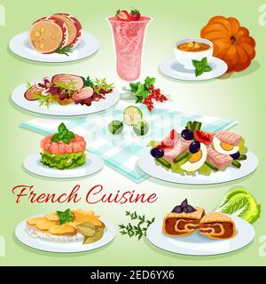 French cuisine cartoon icon of tuna egg salad with tomato and olive, potato cheese casserole, salmon tartare, duck salad, pumpkin soup, liver mousse i Stock Vector