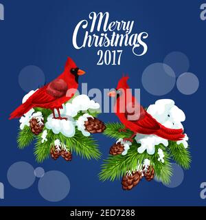 Merry Christmas 2017 poster with cardinal red birds sitting on fir and pine branches with cones. Winter blur of snowflakes falling. New Year greeting Stock Vector