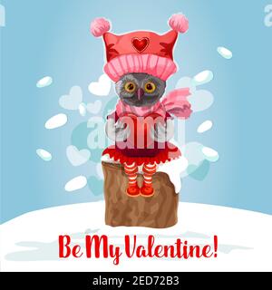 Valentine Day card of cute owl with heart. Owl bird in knitted red hat and scarf sits on snowy tree stump with heart in wings. Be My Valentine greetin Stock Vector