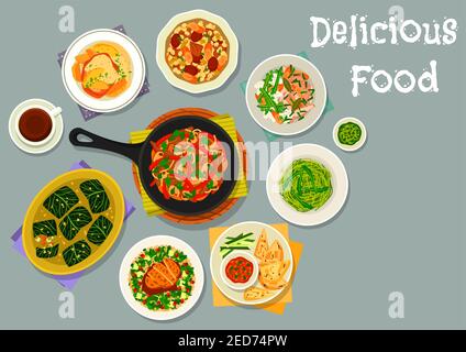 French cuisine meat dishes icon with vegetable rabbit stew, beef stew with veggies and bean, chicken with salad, beef mushroom stir fry, baked pork wi Stock Vector