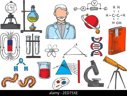 Science and research sketch icons of biology, mathematics, geometry, chemistry, physics vector items of atom and DNA, telescope, scientist book, magne Stock Vector